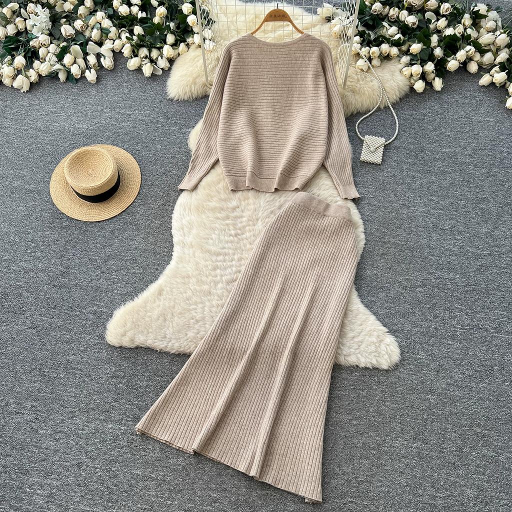 Korean Fashionable Sweater Two Piece Set Woemn's Batwing Sleeve Pullover Jumper Knit Top and High Waist Midi Skirt Sets Casual Knitted 2 Piece Sets