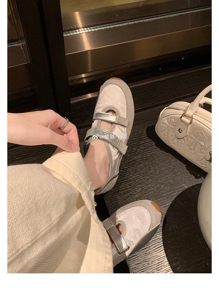 Sheepskin version~ Korean version of Velcro Mary Jane shoes women's color matching casual ballet shoes niche inner height increase flat shoes