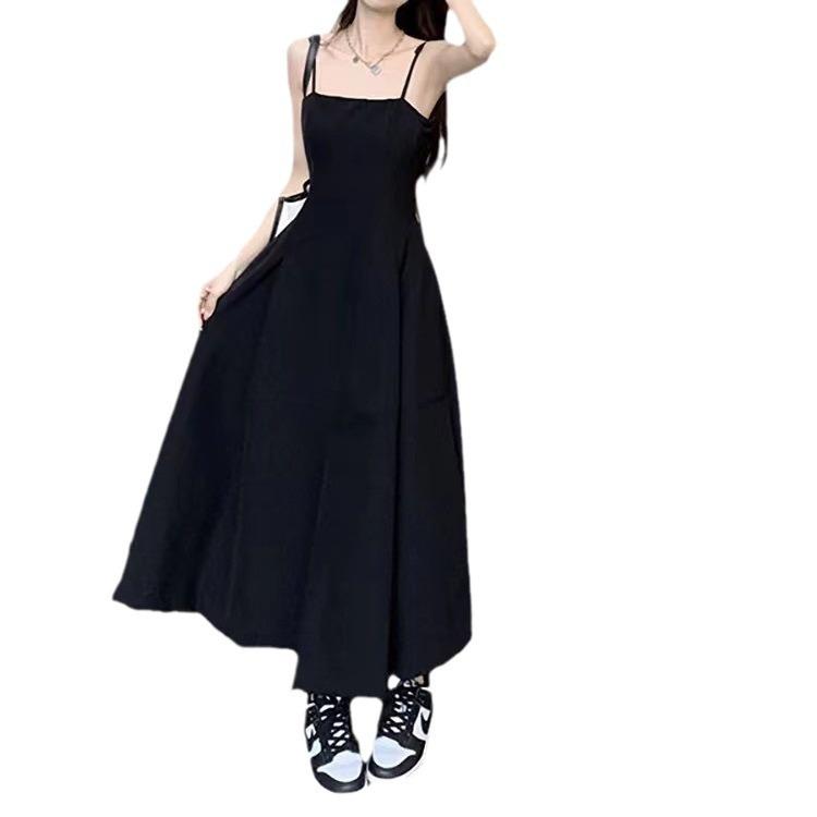 Split Design Suspender Dress Women's Summer New Hepburn Style Waist Thin Medium and Long Small Black Dress