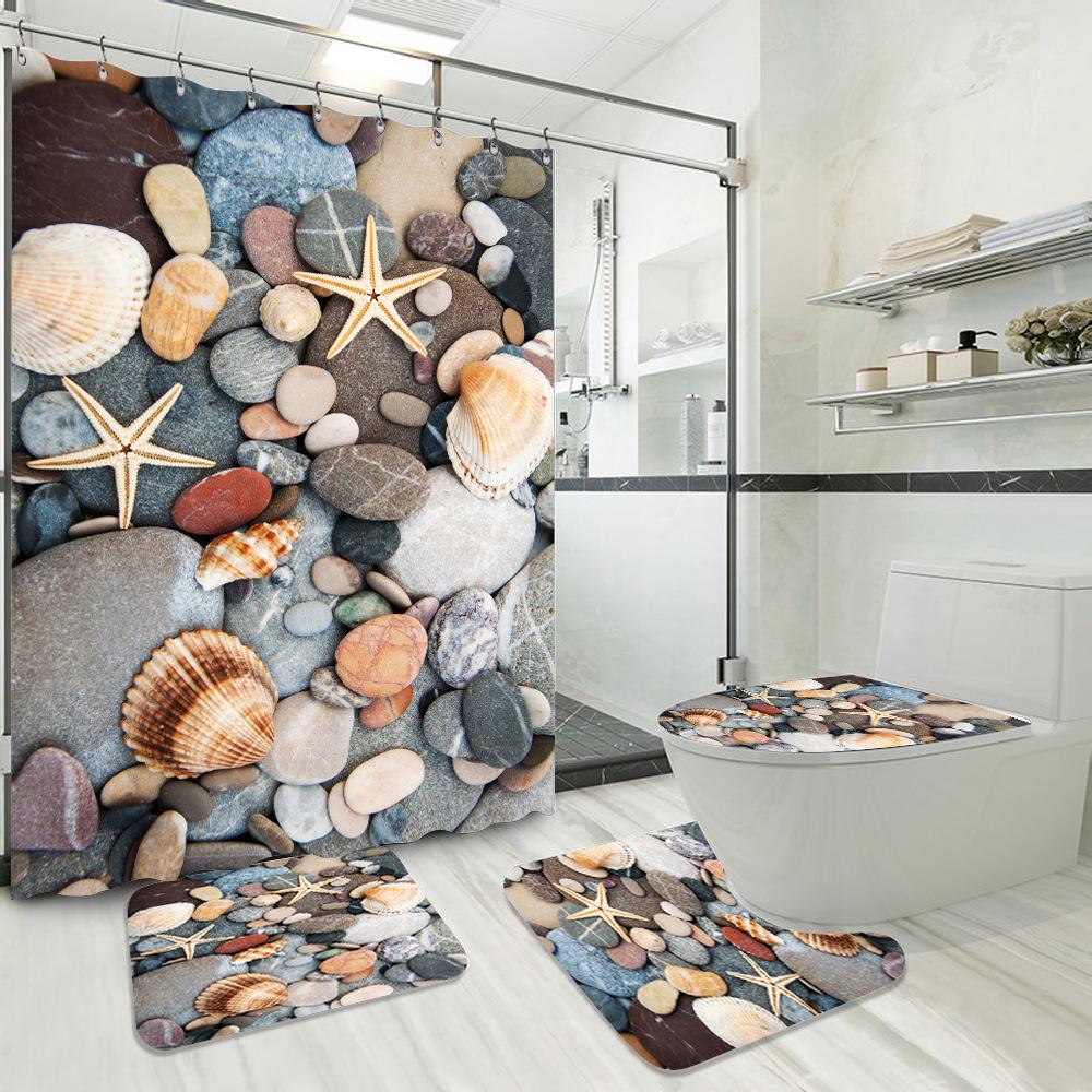 Blue Fishing Net And Whelk 3D Printed Waterproof Shower Curtain Non Slip Rugs Mat Polyester Fabric Waterproof With Hooks