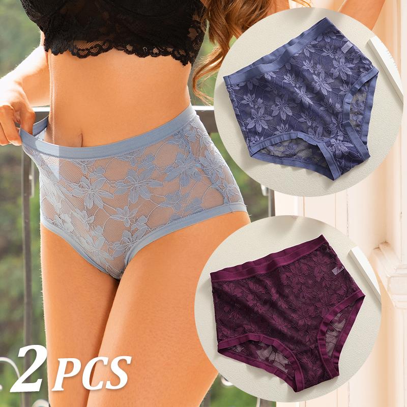 FINETOO 2Pcs Sexy Floral Lace Panties High Waist Lace Briefs Hollow Out See-Through Romantic Lingerie Fashionable Underpants Underwear