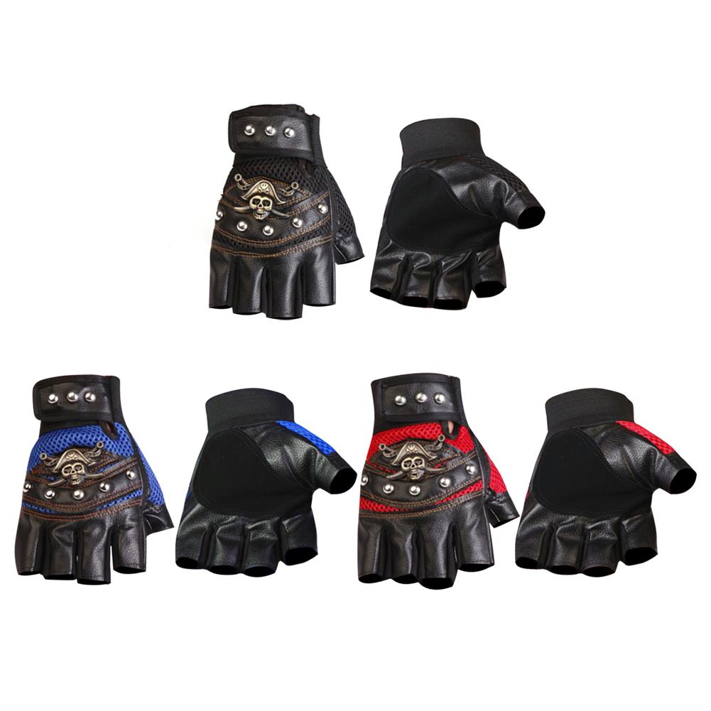 Buy Skull Rivet PU Leather Fingerless Gloves Bike Antislip Half Finger