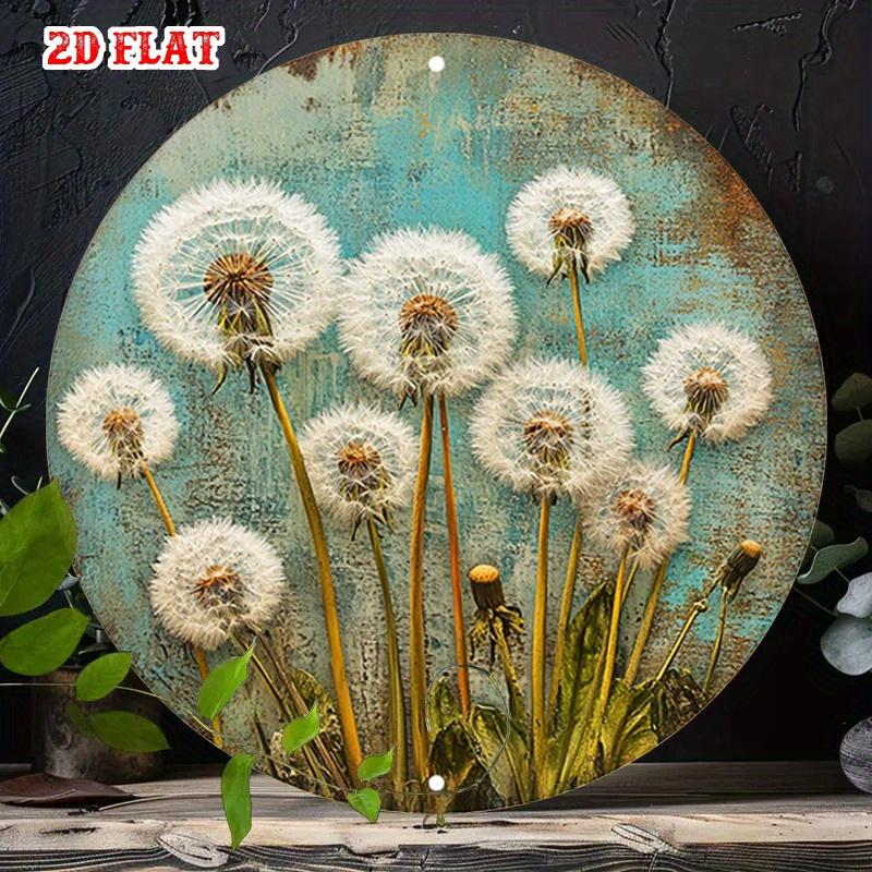 D Flat pc Classic Metal Sign Featuring Dandelions Against A Blue Distressed Background Round Poster Round Wall Art for Cafe B
