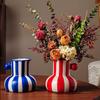 Colorful Striped Vase Ceramic Vase with Handle Desktop Decorative Vase for Flower Arrangement Living Room Bedroom Decor