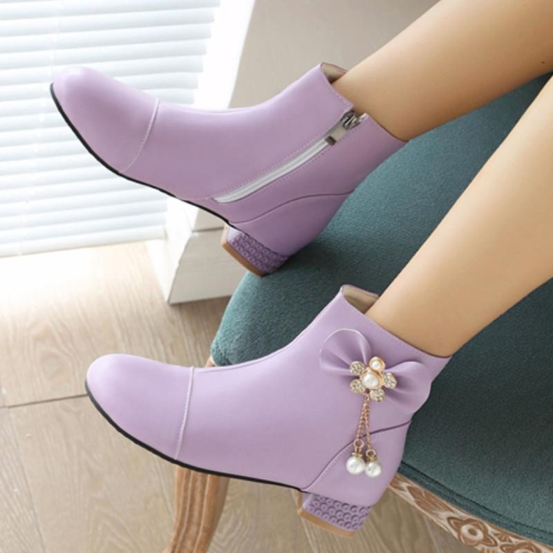 Růžové Kotníkové Boty Dámské Boty Sladký Krystal 2024 Podzim Zima Kotníková Bota Pro Ženy Nízký Podpatek Černá Bílá Společenské Boty Velká Velikost