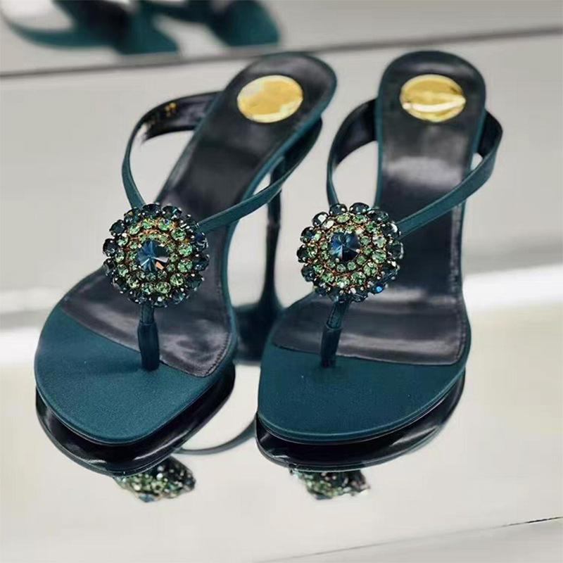 Fashion Luxury CRYSTAL Flower Decoration Clip Toe Slippers Women Sexy Slide Sandals Elegant Banquet Thin High Heels Designer Flip Flops