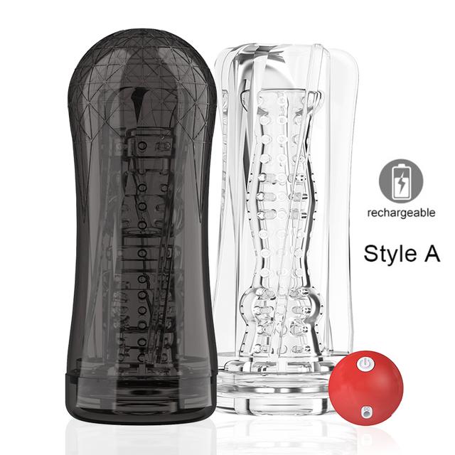 Nový mužský masturbační kalíšek Transparentní silikon Měkká kočička Sexuální hračky Vibrace Stlačování Výstřik Odsávačka Vagina Produkty pro dospělé pro muže