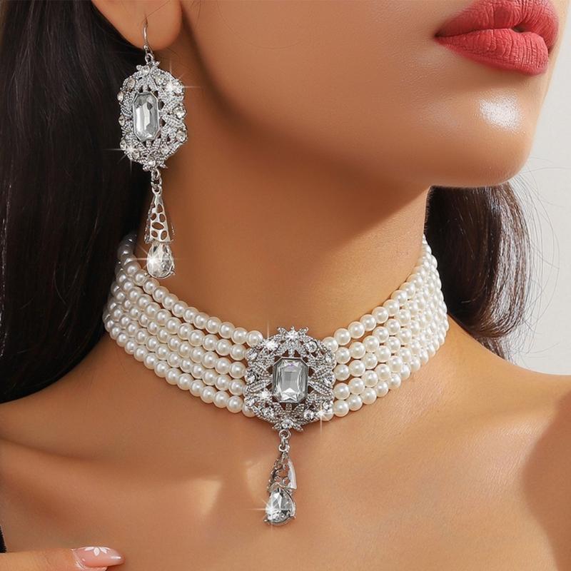 Stylish Layer Rhinestones Waterfall Necklace With Matching Earrings Jewelry Set