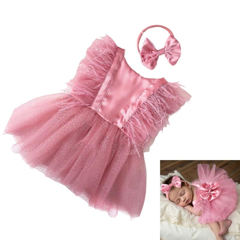 Handmade Tulle Baby Princess Dress with Matching Bowknot Headband Photo Props Newborns Girls Photography Accessories