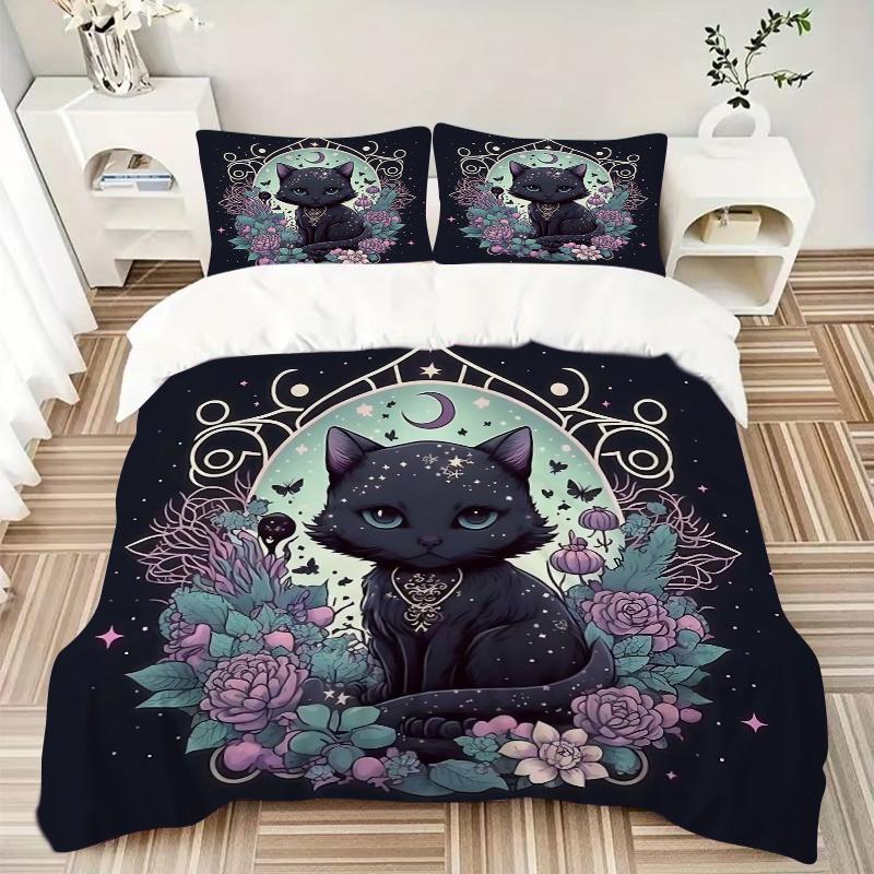 3pcs Witchy Cat Bedding Set, Including 1 Quilt Cover and 2 Pillow Shams, Without Filling, Soft and Comfortable Home Bedroom Fabric, Fashiona