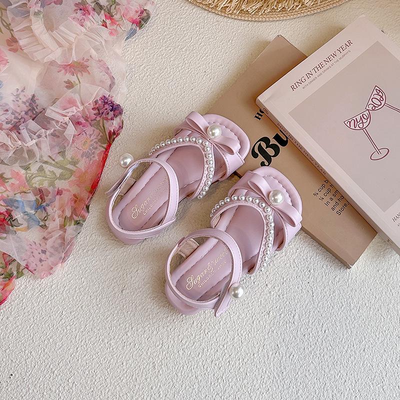 Girls  2026 Summer Pearl Bow Flat Sandals – Princess Korean Style Beach Shoes 23