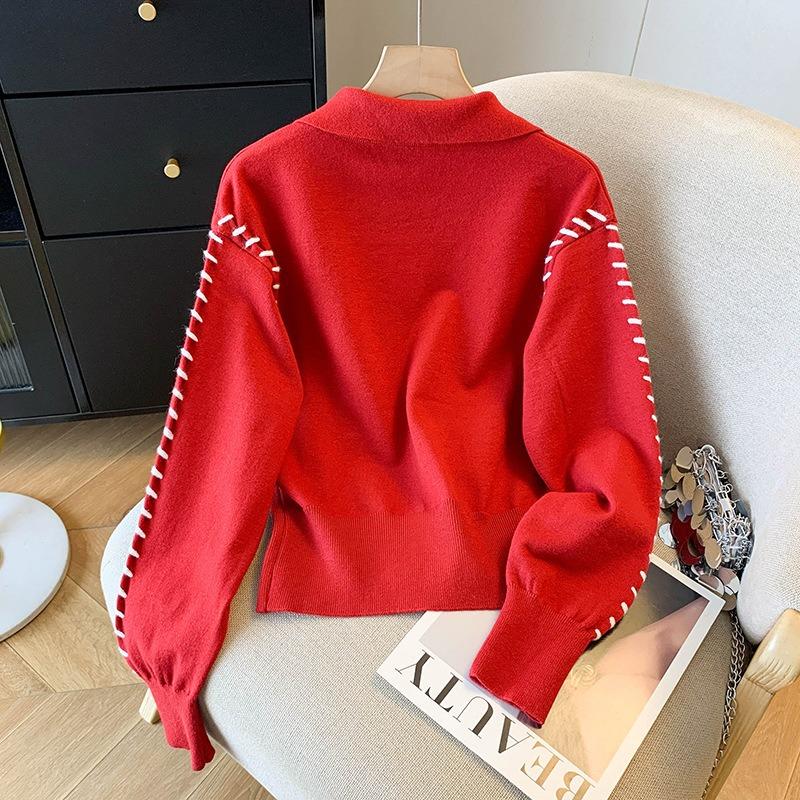 Lapel knitted cardigan women's autumn new soft waxy sweater top