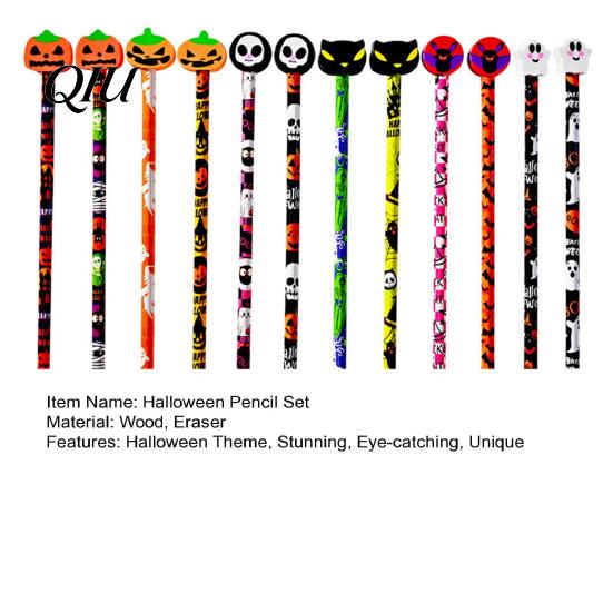Halloween Party Favors Pencils 12 Pcs with 3D Skull Ghost Pumpkin Cat Erasers, Creative Graffiti Wood Bulk for Goodie Bags, School Classroom
