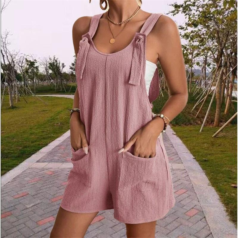 European And American Women's Summer Casual Solid Color Suspender Shorts One-piece Pants Adjustable Large Size Overalls Cool And Comfortable