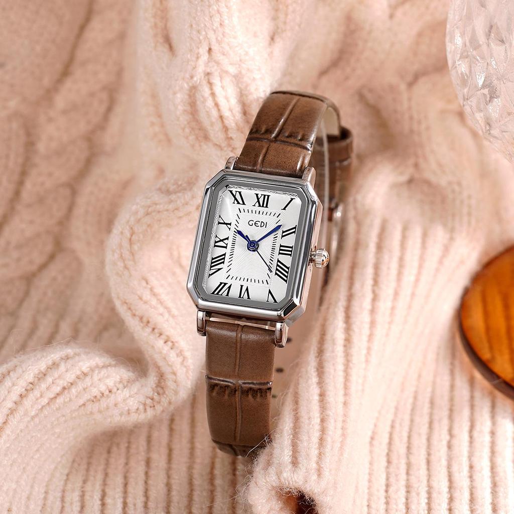 Gedi Retro Small Square Dial Ladies Waterproof Leather Strap Quartz Watch