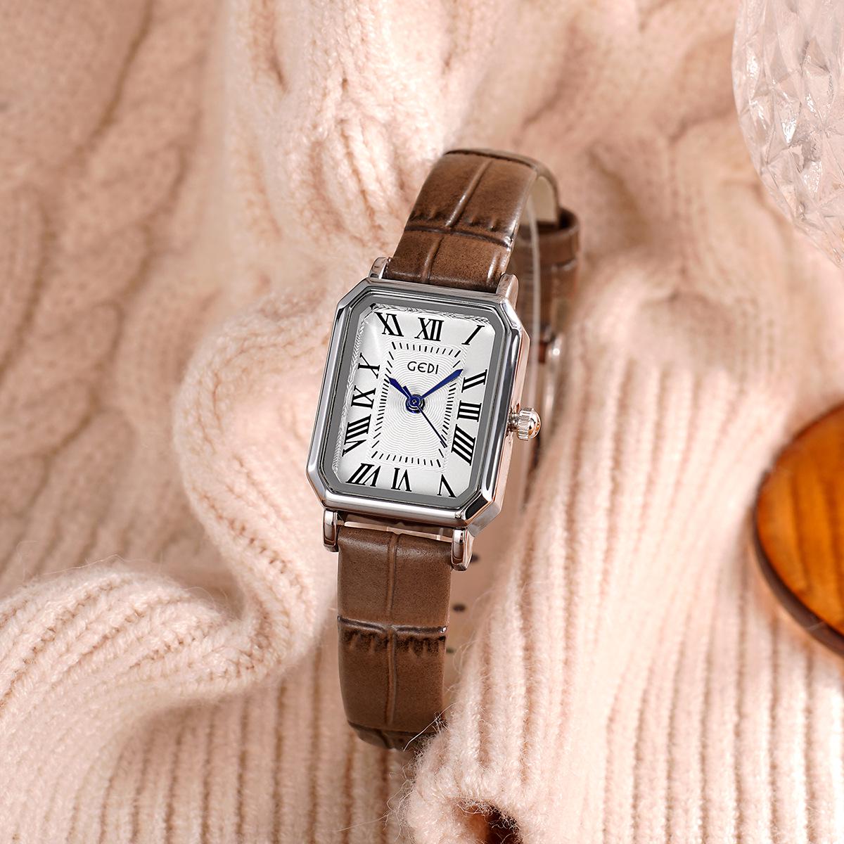 Классические ретро женские часы Gedi, маленький квадратный корпус, натуральная кожа, элегантный студенческий стиль, универсальные и изысканные.
