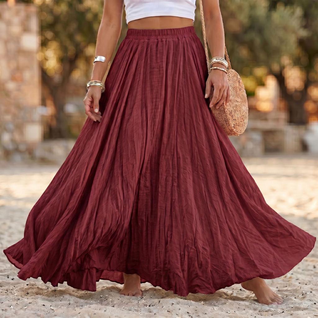 Women Long Loose Pleated Skirt Elastic Waist Cotton Linen Blend Maxi Skirt Flared Hem Casual Boho Style Skirt for Daily Wear
