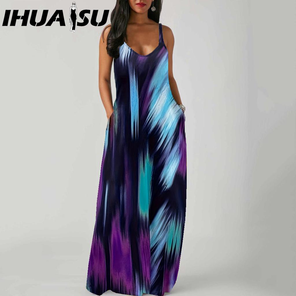 IHUASU Elegant Fashion Floor Length Sleeveless V Neck Simple Women Summer Retro Printed Loose Waist Straight Dress