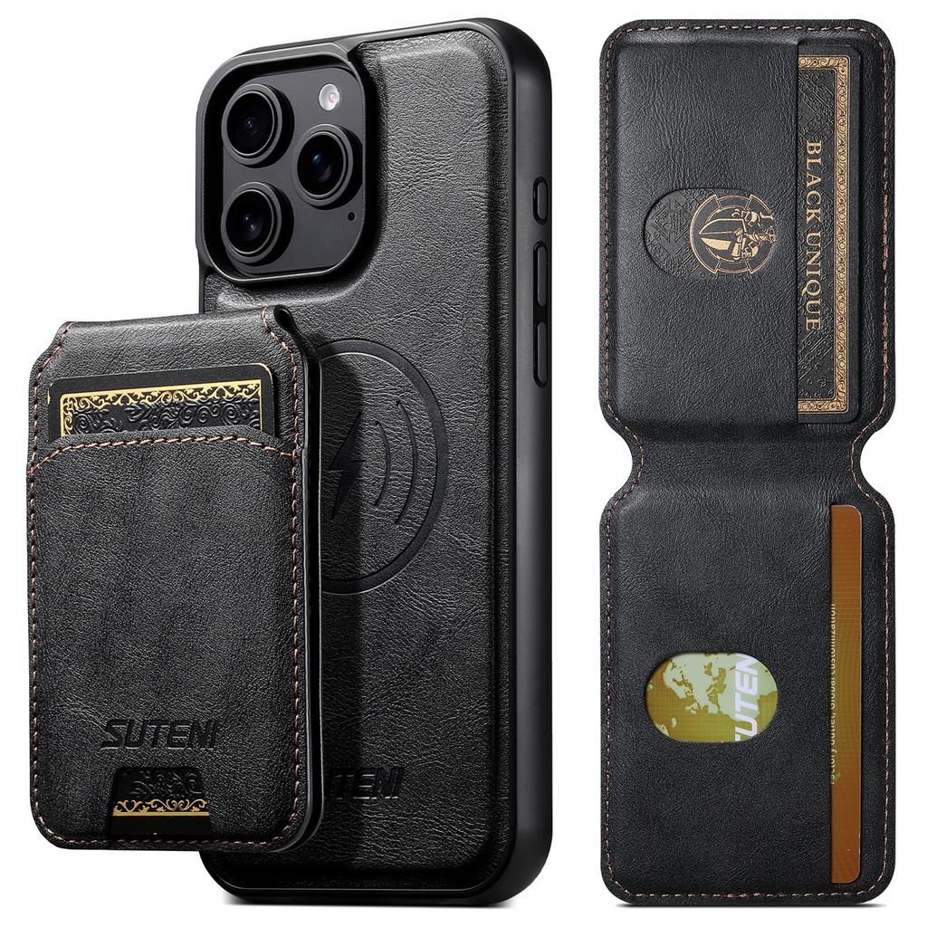 SUTENI M5 For iPhone 16 Pro Magnetic Case with Card Bag Cowhide Texture Leather Phone Back Cover