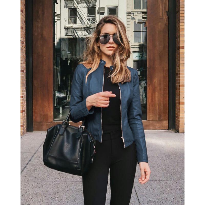 Autumn Winter Stand Collar Casual Fashion PU Leather Coat Women Street Style Solid Color Zipper Cardigan Outwear Top