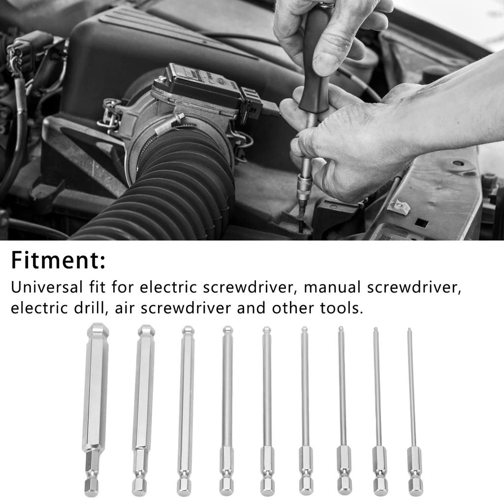 Walfront 9-Piece Hex Driver Bit Set, Rust-Resistant Steel, Magnetic Ball Head Hex Bits, 1/4-Inch Hex Shank, for Electric Screwdrivers