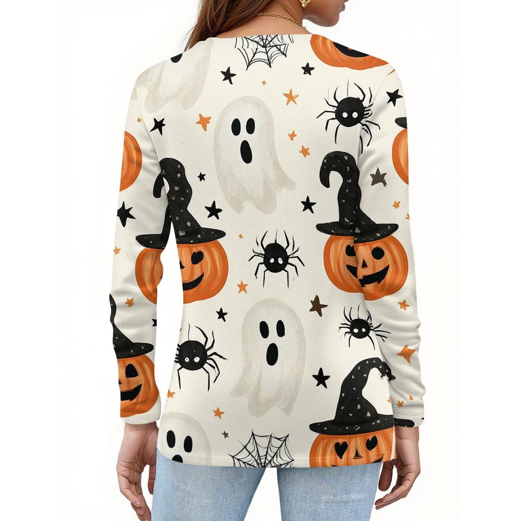 Womens Casual Long Sleeve V Neck Button Down Top Halloween Print Pullover Shirt Lightweight Comfortable Fit