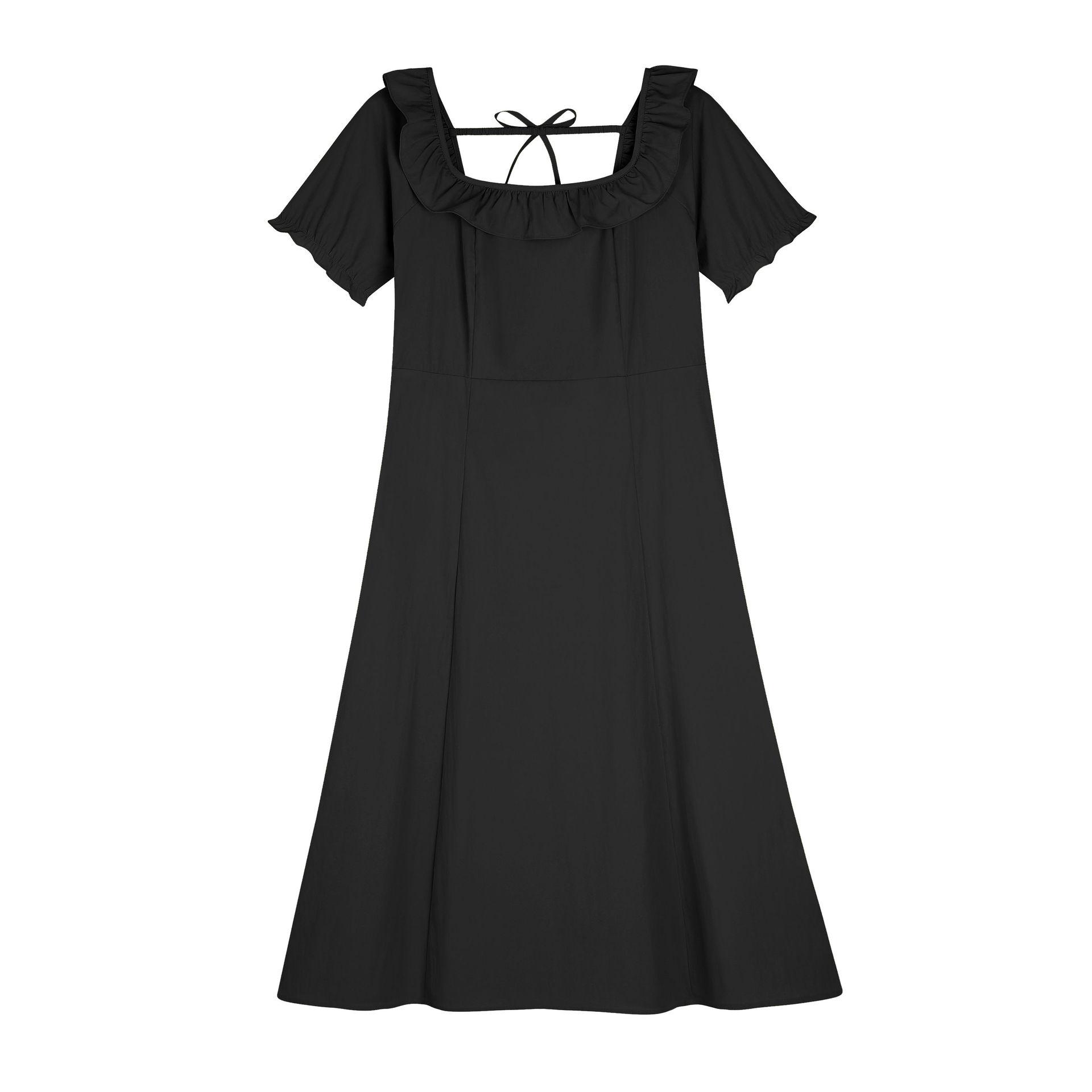 

Korean-Style Ruffle High-Waist Square Neck Plus Size Slimming Midi Dress 3XL (suggested 80-90 kg) чёрный