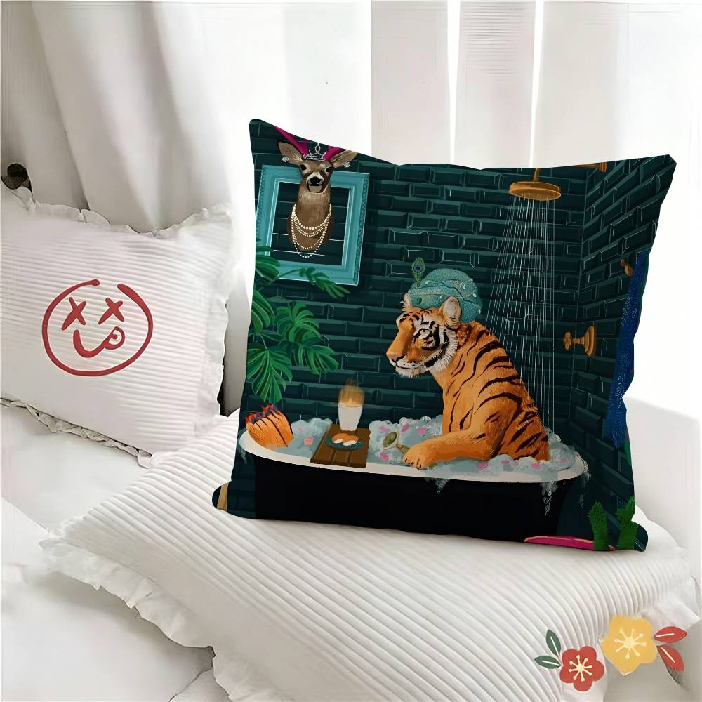 pc Colorful Bathtub Animal Tiger Pillow Case Fashion Square Pillowcase Bedroom Sofa Room Ins Decoration Leisure