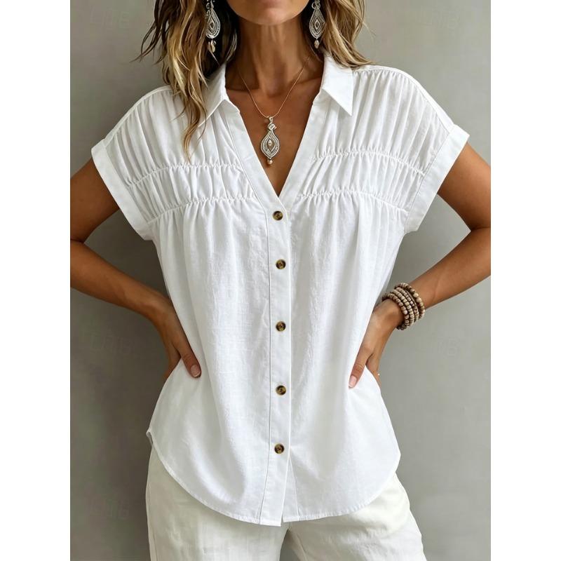 V Neck Loose Solid Button Pleated Short Sleeve Women Casual Blouse