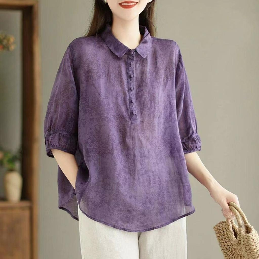 Women's Jacquard Lapel Shirt, Western Style Retro Ladies Mid-sleeved Shirt, Thin and Thin Small Shirt