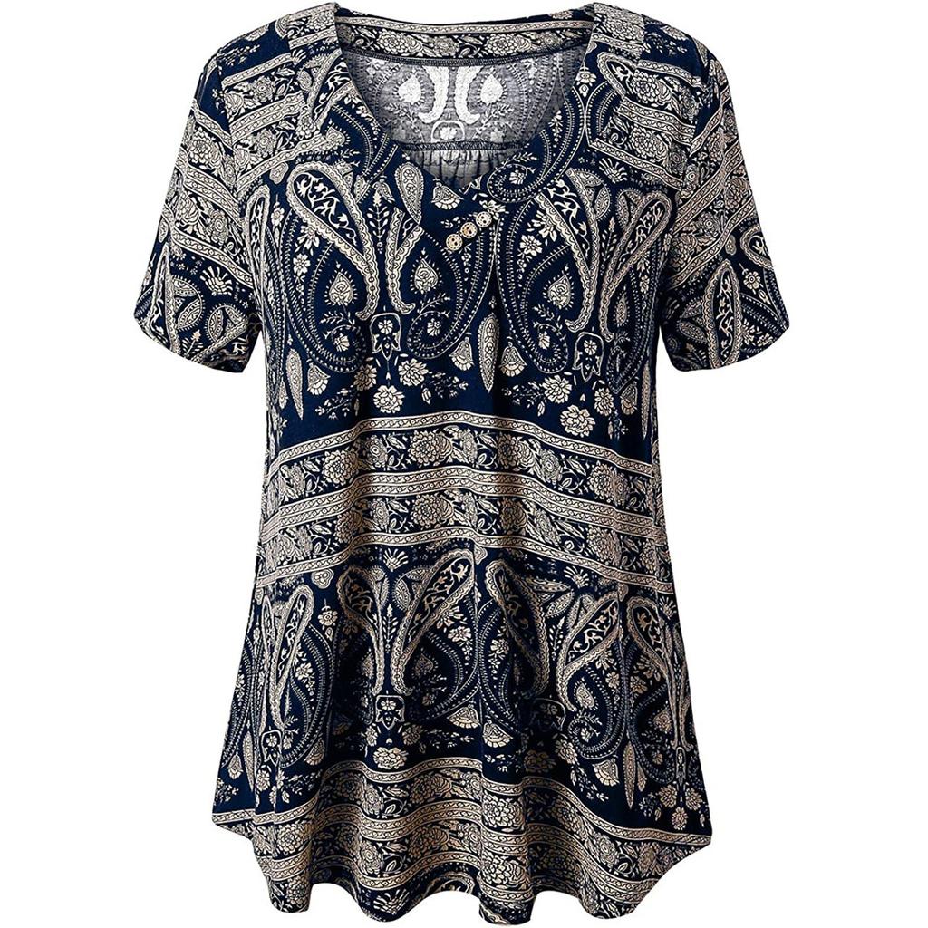 Fashion Ladies Print V-Neck Short Sleeve Top Pullover Loose T-Shirt
