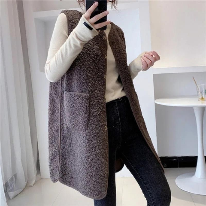 FASHION medium  long vest women's autumn  winter medium  long imitation lamb wool vest fashion new foreign versatile women's coat Clothes