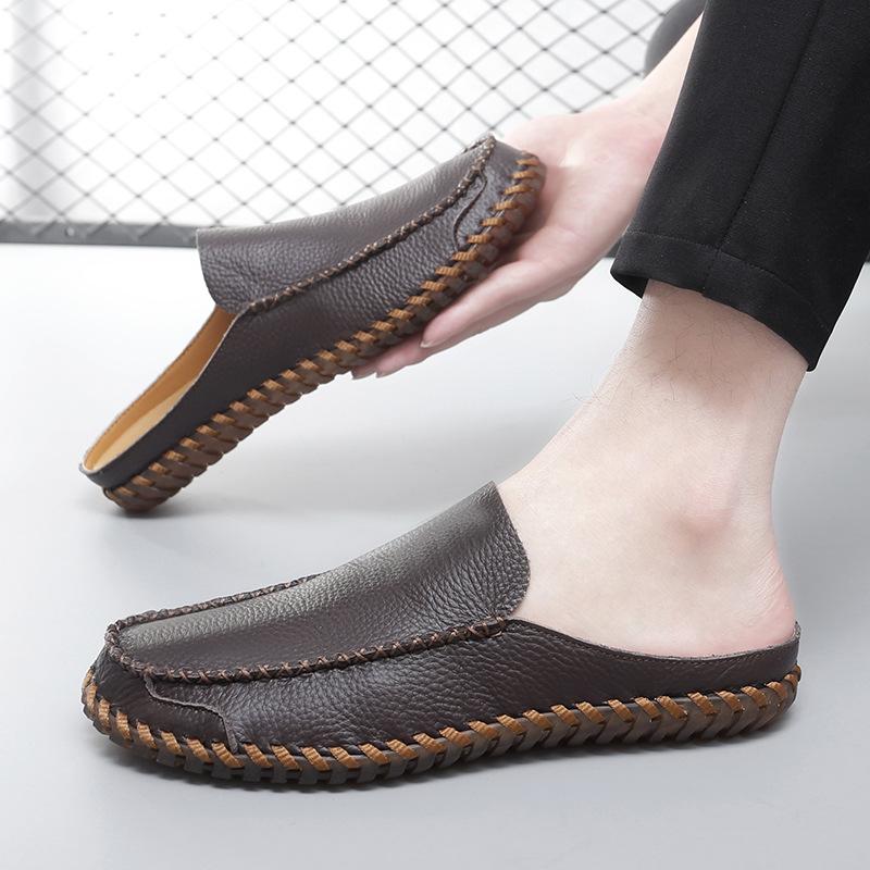 Large Size Men's Slippers Wear Half Slippers Outside, First Layer Leather, Summer Breathable Fashion Trendy Shoes Bag Head Casual Shoes