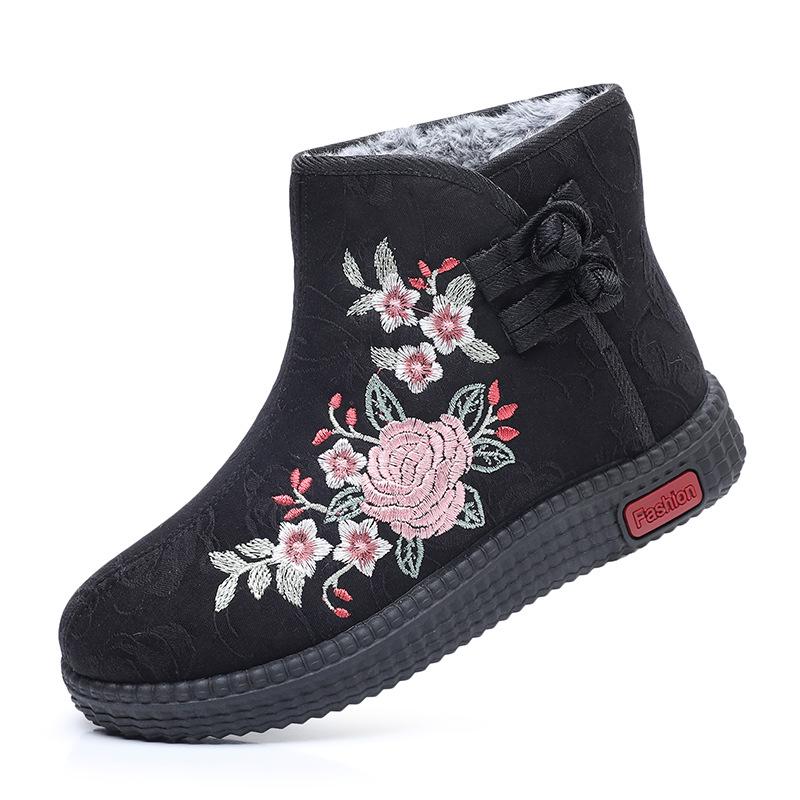 Botines Retro Bordados para Mujer - Zapatos de Mamá de Algodón Felpudo Cálido, Estilo Étnico.