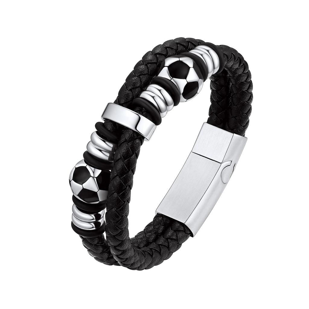 Soccer Bracelet for Boys Men Leather Wristband Gifts for Son with Solid Stainless Steel Soccer Ball Charm, Football Jewelry Gift
