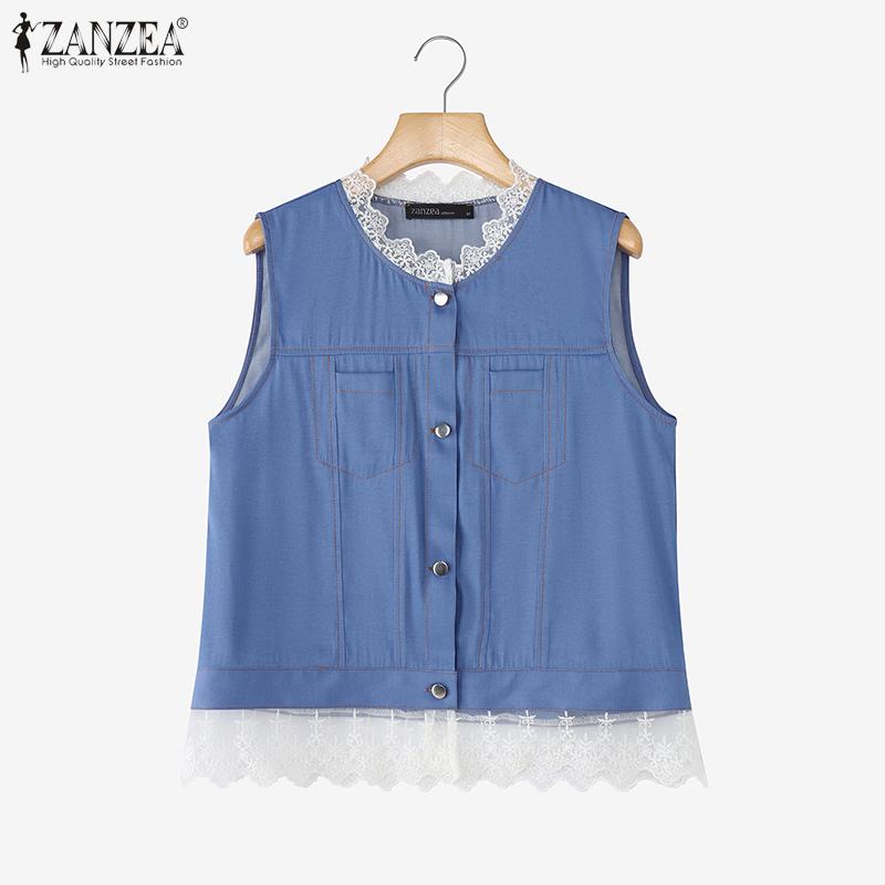 ZANZEA Women Casual Lace Splice Summer Round Neck Sleeveless Tank Tops