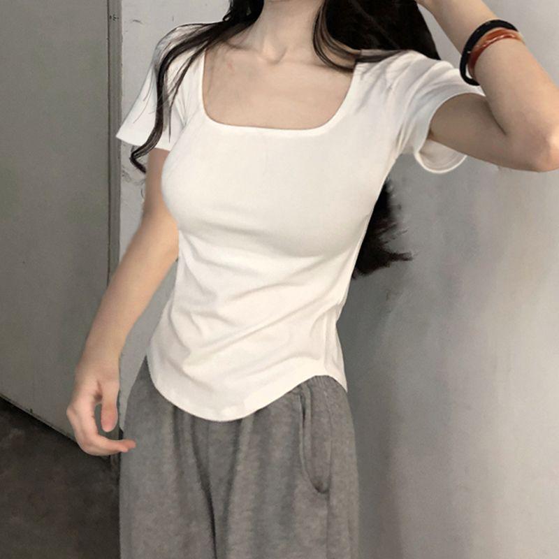 Women Short Sleeve Square Neck T-Shirt Spring and Autumn New Irregular Hem Slim Casual Top Girl Bottom Shirts