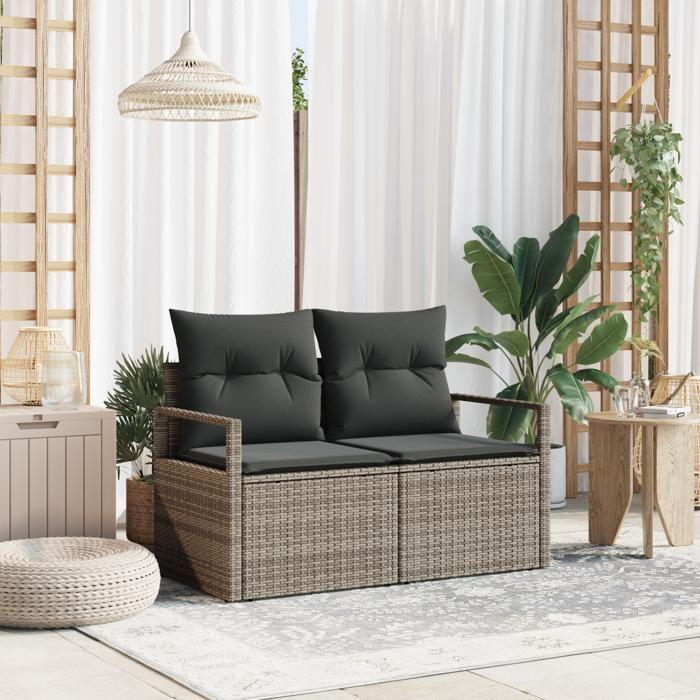 Sofa de jardin 2 places avec coussins gris en poly rotin 42006754