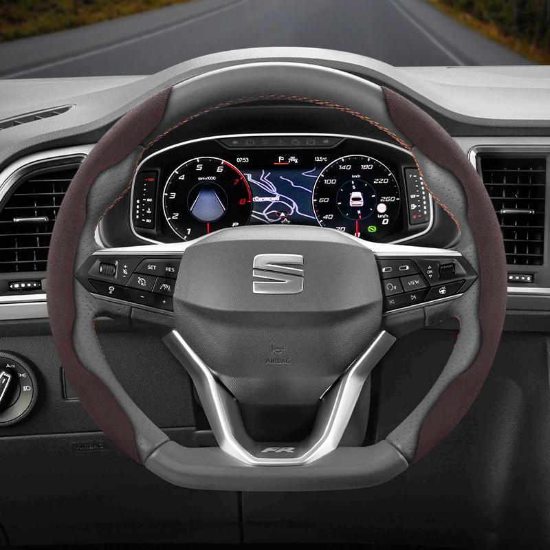 Npcr5 Suitable for Seat Anti-Slip Buckle Segmented Suede Steering Wheel Cover for Ibiza, Arona, Leon, Leon Sportstourer, Ateca and Other 