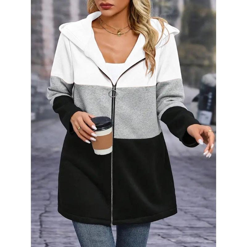 Women S Casual Loose Color Block Patchwork Hooded Sweatshirt