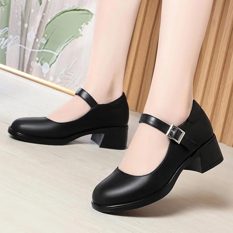 4cm Breathable Comfortable Shallow Mary Janes Soft Leather Shoes 2025 Fall Med Square Heels Shoes Black for Office Mom Work
