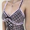 Y2K Spitze Patchwork Karomuster Tanktop Mode V-Ausschnitt Slip Crop Tops Koreanische Ästhetik Bandage Rückenfrei