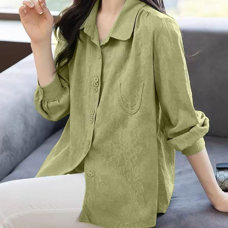 

Trendy Womens Floral Jacquard Shirt Long Sleeve Cotton Blouse Loose Fit Casual Top for Autumn Spring Petite Ladies 4XL