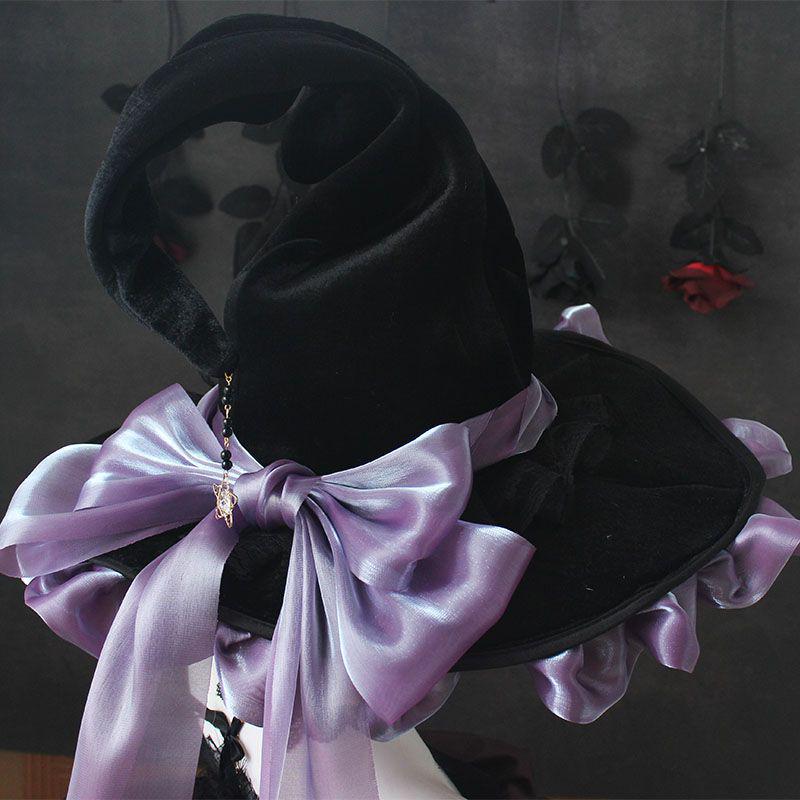 Handmade Dark Goth Lolita Wide-Brim Witch Hat for Halloween