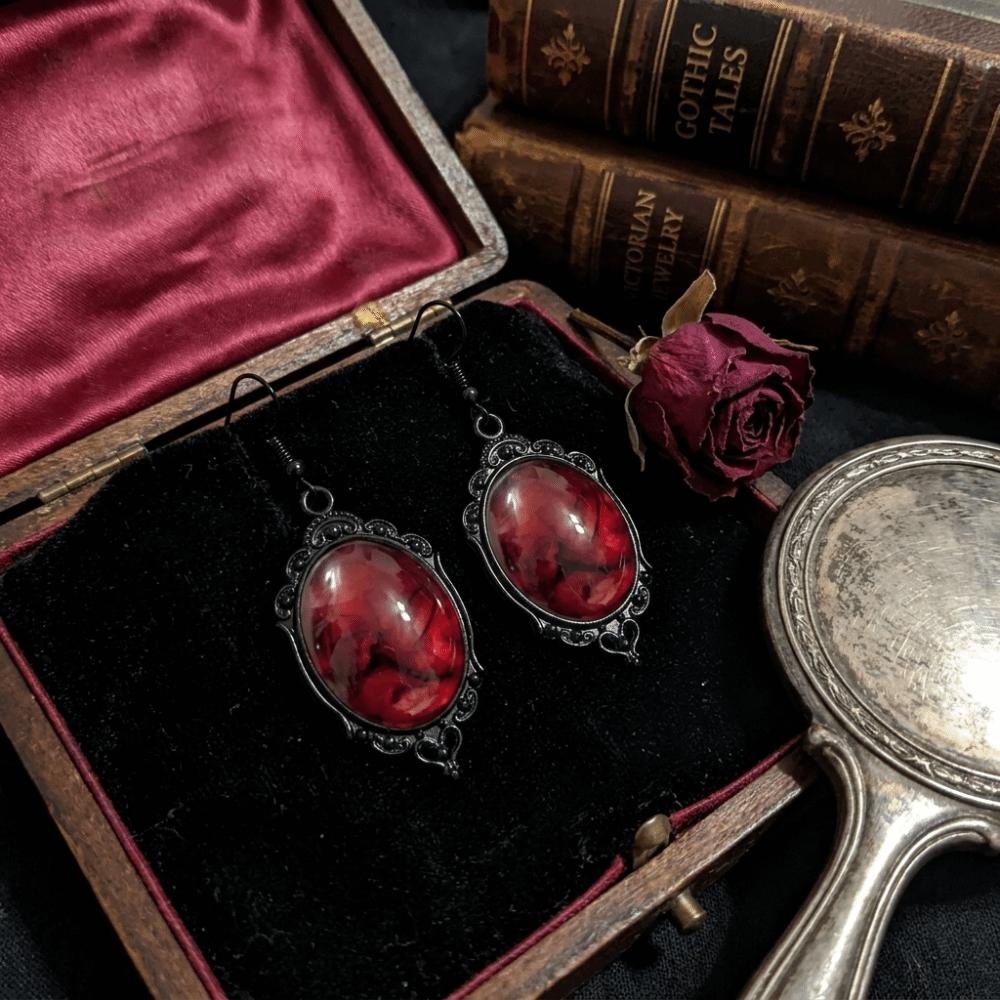 Blood Red Gothic Resin Earrings Oval Shape Drop Earrings Halloween Dangle Earrings Cosplay Events