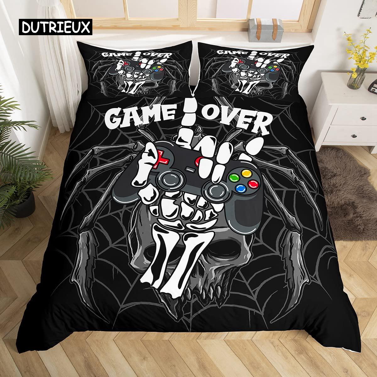

Gaming Comforter Cover Sugar Skull Gamer Bedding Set Spider Web Halloween Duvet Cover Sets,Hand Skeleton Gamepad Quilt Cover EU single(135x200cm)