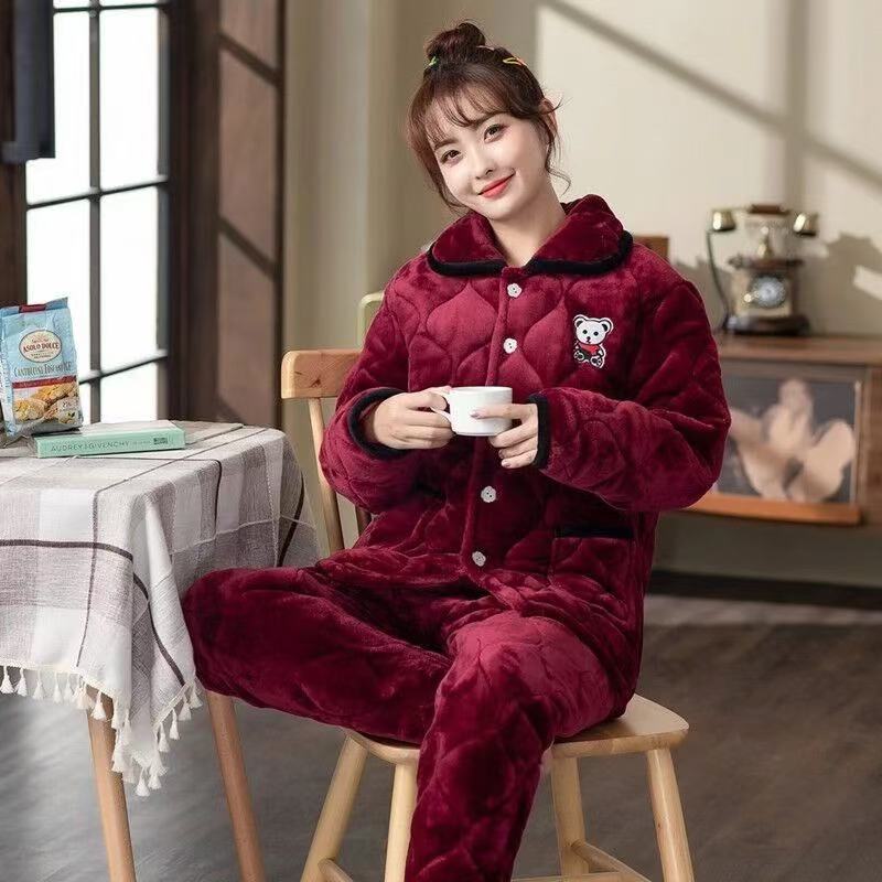 Three-layer Thickened Fleece Padded Pajamas Women's Winter Coral Fleece Extra Thick Hunan Loungewear
