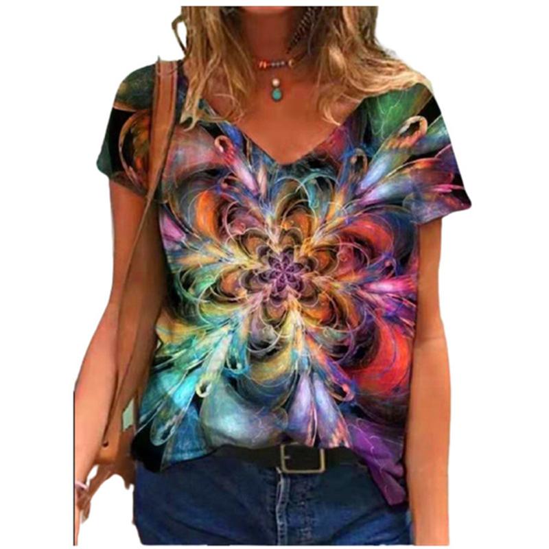 

Модные весенние блузки с абстрактным принтом, футболки с коротким рукавом и V-образным вырезом, повседневные 8XL коричневый