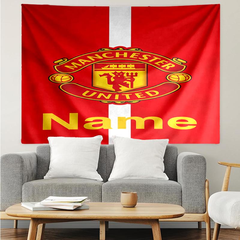 Custom Name Manchester United Print Tapestry, Backdrop, Easy Setup, Ideal for Bedroom, Office & Living Room, with Aesthetic Wall Hanging Decor.