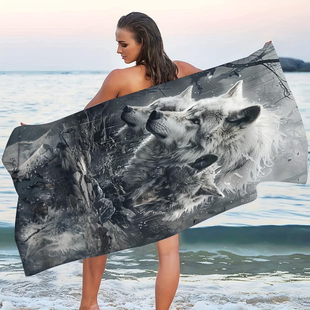 Cute Wolf Print Beach Towel, Adorable Animal Art Quick-Dry Sand-Free Microfiber Bath Towel for Yoga, Swim Pool and Summer Travel